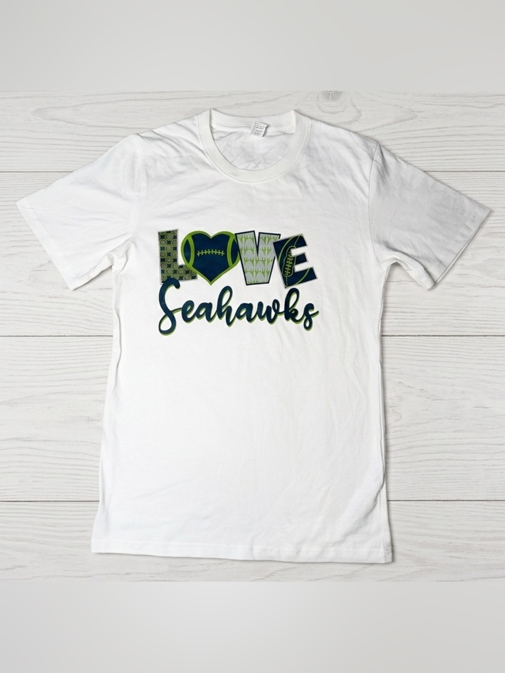 Seattle Seahawks Womens T Shirt Small White LOVE Graphic Short Sleeve NFL Tee